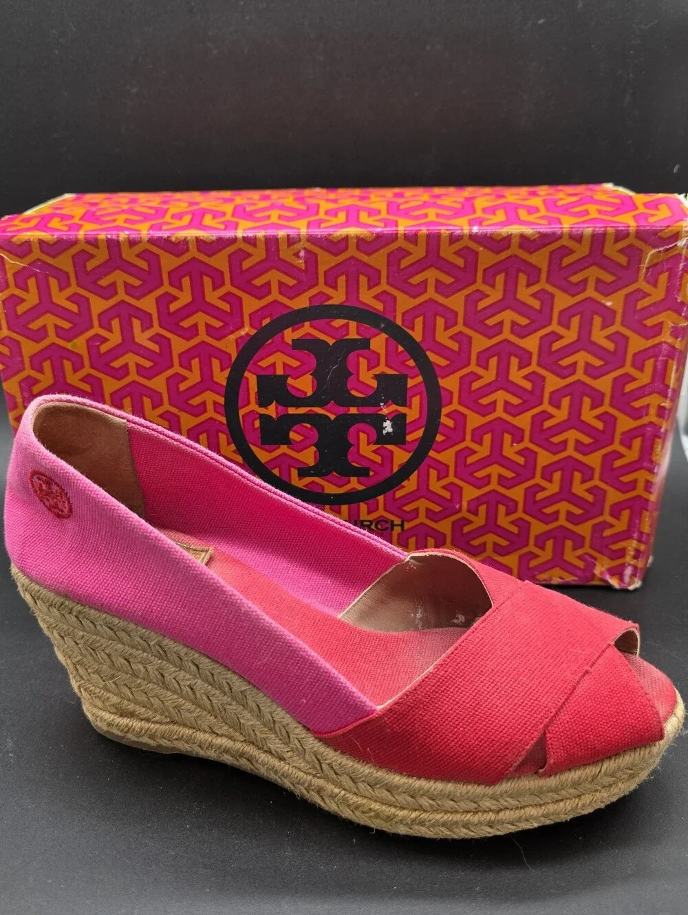 Tory Burch Pink & Red Canvas Filipa Espadrille Wedge 8.5
